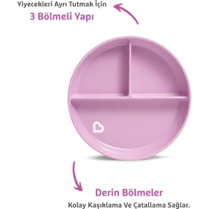 Sabit Vakumlu Beslenme Tabağı | 6 Ay+, 3 Bölmeli, BPA İçermez, Mor – 1 Adet