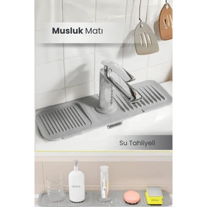 Elastik Musluk Matı Su Tutucu Düzenleyici Kaydırmaz Taban Organizer Mutfak Banyo Lavabo Gri