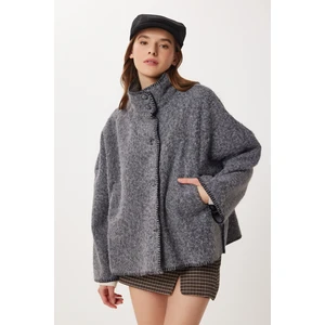 Happiness İstanbul Düğmeli Oversize Yün Efektli Ceket LDP0087 Gri