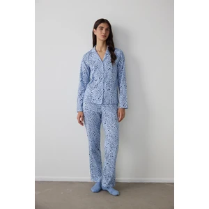 Mavi Leila Gömlek Pantolon Pijama Takımı