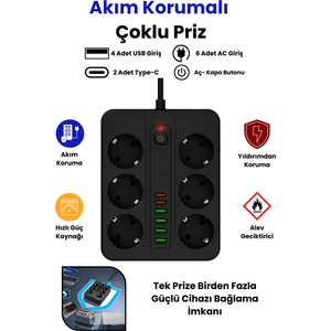 Pro P11 6x Priz 3000W Termal Akım Korumalı 4x USB 2x Type-C Girişli Çoklu Priz
