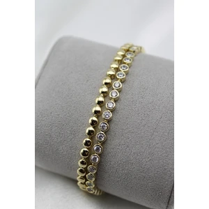 Vıp Çelik 14K Altın Kaplama Yuvarlak Zirkon Taşlı 2'li Su Yolu Bileklik (17 Cm)