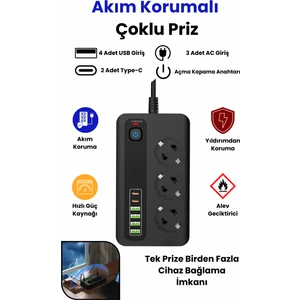 Pro P10 3x Priz 3000W Akım Korumalı 4x USB 2x Type-C Girişli Çoklu Priz