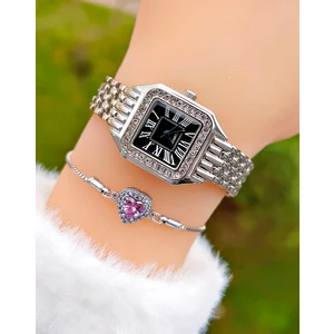 Gümüş Renk Siyah Kadran Kare Taşlı Kadın Kol Saati Pandora Bileklik Hediyeli