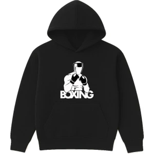 Boxing Tasarım Baskılı Oversize Siyah Kapüşonlu Sweatshirt