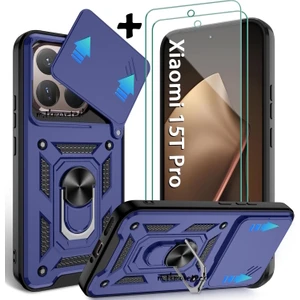 M.TK Moveteck Xiaomi Mi 15T Pro Kılıf Kamera Korumalı Sürgülü Yüzüklü Armor Zırh Tank Kapak + 1 Adet 9h Ekran Koruyucu Cam Set