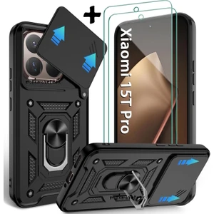 M.TK Moveteck Xiaomi Mi 15T Pro Kılıf Kamera Korumalı Sürgülü Yüzüklü Armor Zırh Tank Kapak + 1 Adet 9h Ekran Koruyucu Cam Set