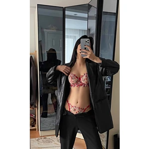 Merlif Lingerie Kırmızı Çıtır Desen Çiçekli Iç Çamaşır Takımı Kadın Bralette Balenli Sütyen & Tanga String