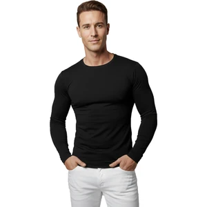 DeepSEA Siyah Dar Kalıp Likralı %90 Pamuk Erkek Sweatshirt – Vücuda Oturan İnce Penye Sweat 2300423