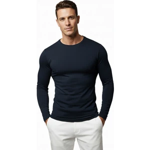 DeepSEA Lacivert Dar Kalıp Likralı %90 Pamuk Erkek Sweatshirt – Vücuda Oturan İnce Penye Sweat 2300423