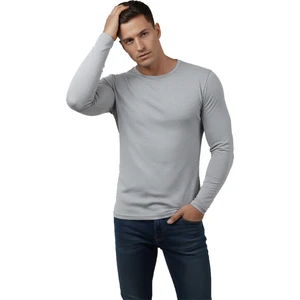 DeepSEA Gri Dar Kalıp Likralı %90 Pamuk Erkek Sweatshirt – Vücuda Oturan İnce Penye Sweat 2300423