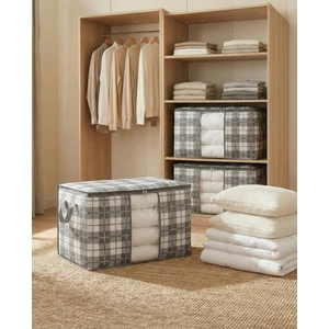 3 Adet Büyük Boy Pencereli Kare Desenli Ekose Gri Yastık Yorgan Düzenleyici Hurç Seti 75X40X40 cm