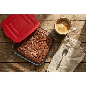 Kırmızı Plastik Kapaklı Sade Kare Büyük Cam Tepsi