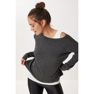 Happiness İstanbul Açık Omuzlu Atletli Viskon Bluz LEN0045 Antrasit Beyaz