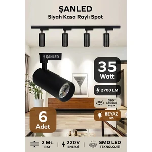 Siyah Kasa Beyaz Işık 35W Raylı Spot / 6 Adet + 2 Metre Ray
