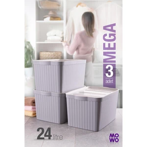 Mowo Home Mega 3'lü Gri 24 Lt Çok Amaçlı Dolap Içi Düzenleyici Kapaklı Kutu, Dekoratif Saklama Kutusu, Organizer Kutu
