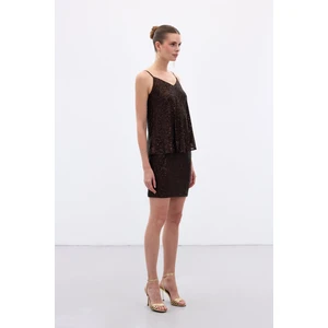 Payetli Mini Etek - Kahverengi