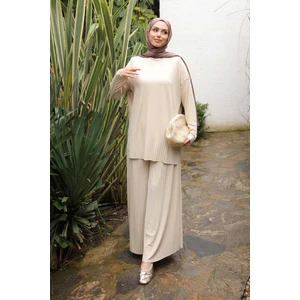 İmaj Butik Açık Bej Piliseli Sandy Tunik Pantolon Takım