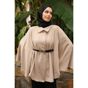 İmaj Butik Koyu Bej Kemerli Kaşe Panço