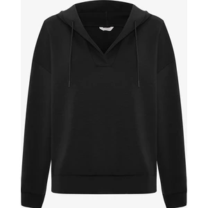 Siyah Kapüşonlu V Yaka Oversize Sweatshirt