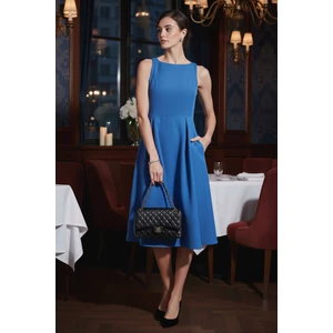 Regular Fit Bisiklet Yaka Cepli Pileli Midi Boy Abiye Elbise Bayan Elbise 6111963