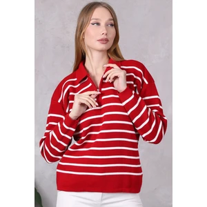 Kadın Polo Yaka Oversize Çizgili Fermuarlı Triko Kazak Kırmızı