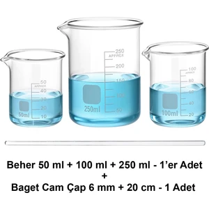 Beher Cam Set 50-100-250 ml / Kısa Form + Baget Cam Ø 6 mm x 20 cm Hediye