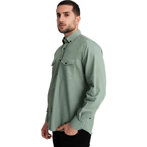 Erkek Çağla Yeşili Likralı Kot Gömlek Uzun Kollu Çift Cepli Rahat Kalıp