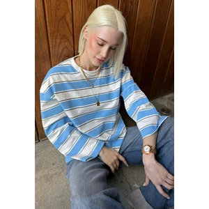 Mavi Bisiklet Yaka %100 Pamuklu Çizgili Uzun Kollu Tişört MG2362