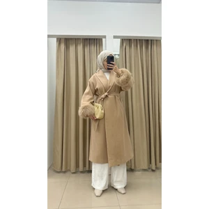 Kürklü Kaşe Uzun Kaban - Bej