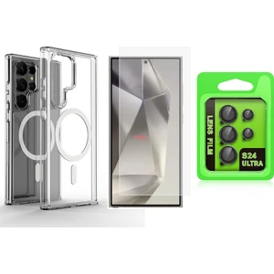 Samsung Galaxy S25 Ultra Kılıf M-Safe Şarj Özellikli Şeffaf Sert Pc Zore Embos Kapak + Kamera Lens + Nano Ekran Koruyucu