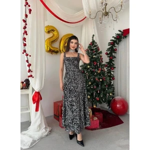 Nils Butik Pul Payetli Kare Yaka Uzun Abiye Elbise - Işıltılı Davet Elbisesi