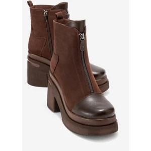 Anett Kahverengi Cilt-Süet Fermuarlı Kadın Platform Topuklu Bot