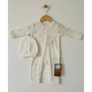 By Bubbles Tuem Baby Pretty Girl Fermuarlı Pamuklu Şapkalı  Desenli Beyaz  Kız Bebek  Tulum 0-3 Ay/ 3-6 Ay / 6/9 Ay
