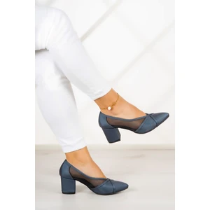 Erkan Saçmacı Mirabella Lacivert Saten Fileli Sivri Burun Kalın Topuklu Abiye Anne Ayakkabısı