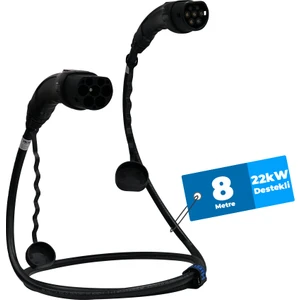 EMEF-22T2-SS-8 22KW Tip 2 Siyah Soketli 8m Elektrikli Araç Şarj Kablosu