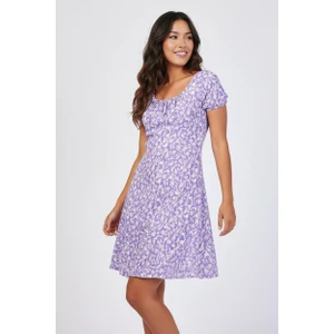 Lila Kısa Kollu Viskon Elbise