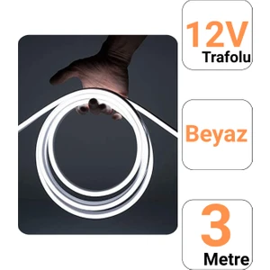 Ema Dükkan 12V 3 Metre Beyaz Neon LED Şerit Işık | Prize Tak Çalıştır | Anahtarlı Fişli 1.5m Kablo | Esnek Silikonlu LED