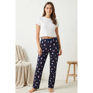 %100 Pamuk Süprem Kadın Lacivert Pijama Altı Kardan Adam Baskılı İnce Rahat Kalıp Boru Paça Cepsiz