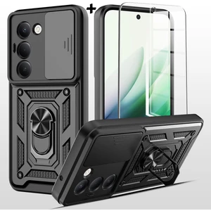 M.TK Moveteck Xiaomi Redmi 15 Kılıf Kamera Korumalı Sürgülü Yüzüklü Armor Zırh Tank Kapak + 1 Adet 9h Ekran Koruyucu Cam Set