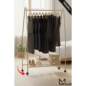 Tekerli Metal Elbise Askılığı Taşınabilir ve Dayanıklı Raflı Giysi Standı Kıyafet Organizeri GOLD