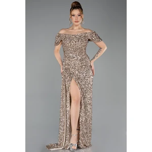 Kayık Yaka Yırtmaçlı Uzun Pullu Abiye Elbise ABU4843