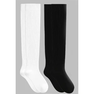 2 Çift Basic Lastikli Kalın Pamuk Karışımlı Diz Üstü Çorap