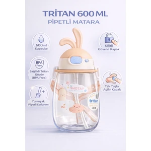 Çocuk Suluk Tritan Matara – 600 ml Kulaklı Kapaklı, Pipetli, Askılı Su Matarası - ST-7008