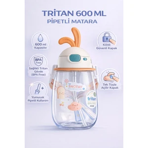 Çocuk Suluk Tritan Matara – 600 ml Kulaklı Kapaklı, Pipetli, Askılı Su Matarası - ST-7008 - Beyaz
