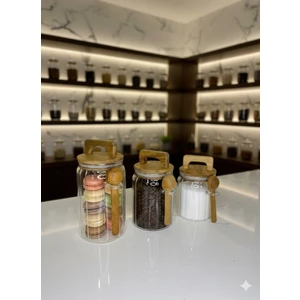 Borosilikat Akasya Kaşıklı ve Kapaklı Kavanoz Seti ( 500ML 600ML 750ML)