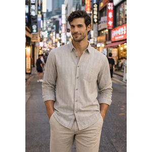 Erkek Kum Beji Çizgili Pamklu Gömlek Uzun Kollu Klasik Kesim Casual Gömlek