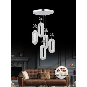 LED Alfa 5'li Gümüş 3 Renk Ledli Kristal Taşlı Modern LED Avize