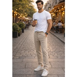 Erkek Kum Beji Likralı Jogger Pantolon Beli Lastikli Likralı Günlük Regular Fit Pantolon