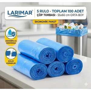 5 Rulo Orta Boy Çöp Torbası (Toplam 100 Adet) – 55x60 cm Dayanıklı, Ekonomik ve Sızdırmaz Mavi Çöp Poşeti